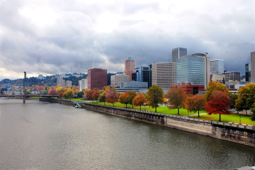 Portland waterfront with fall trees