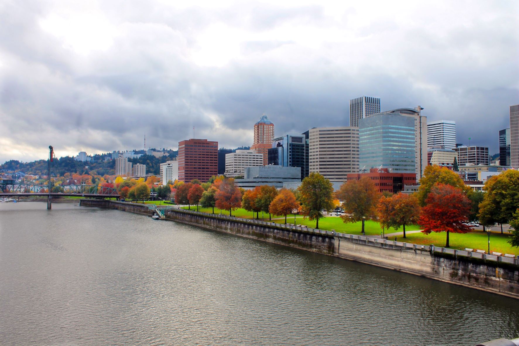 Portland waterfront with fall trees