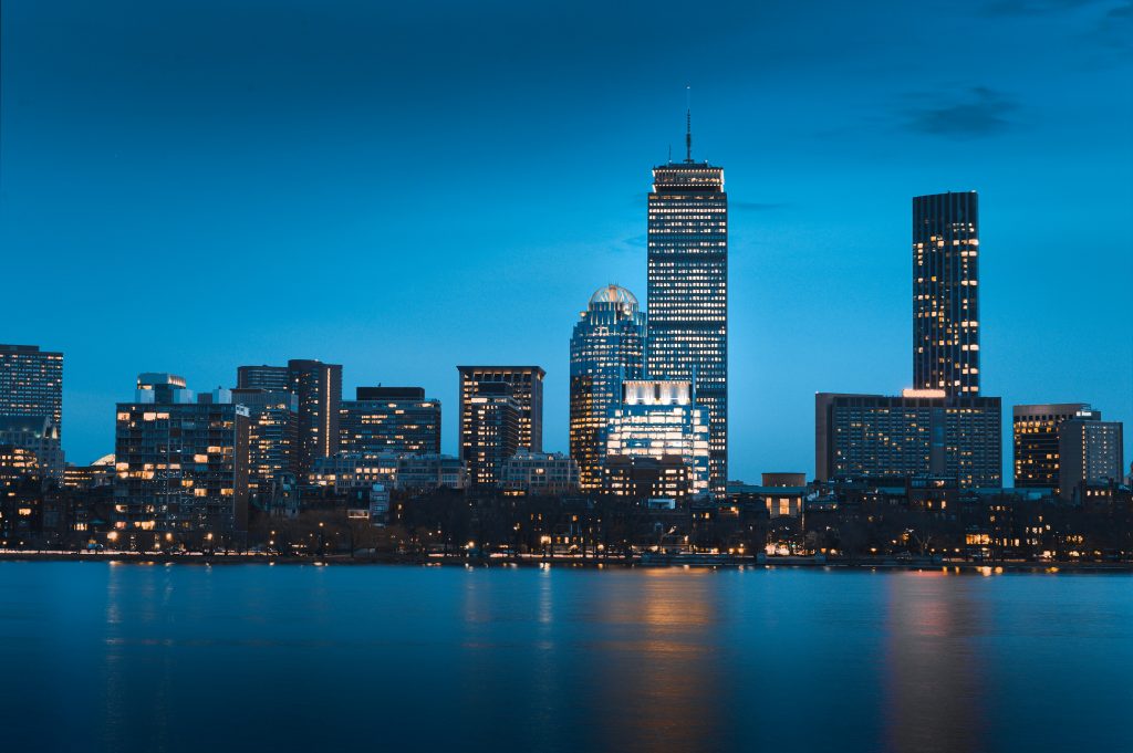 city skyline during night time