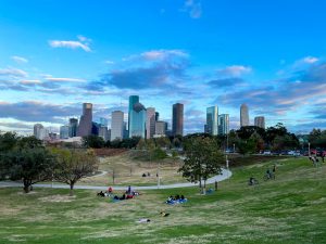 people sitting on green grass field near city buildings during daytime